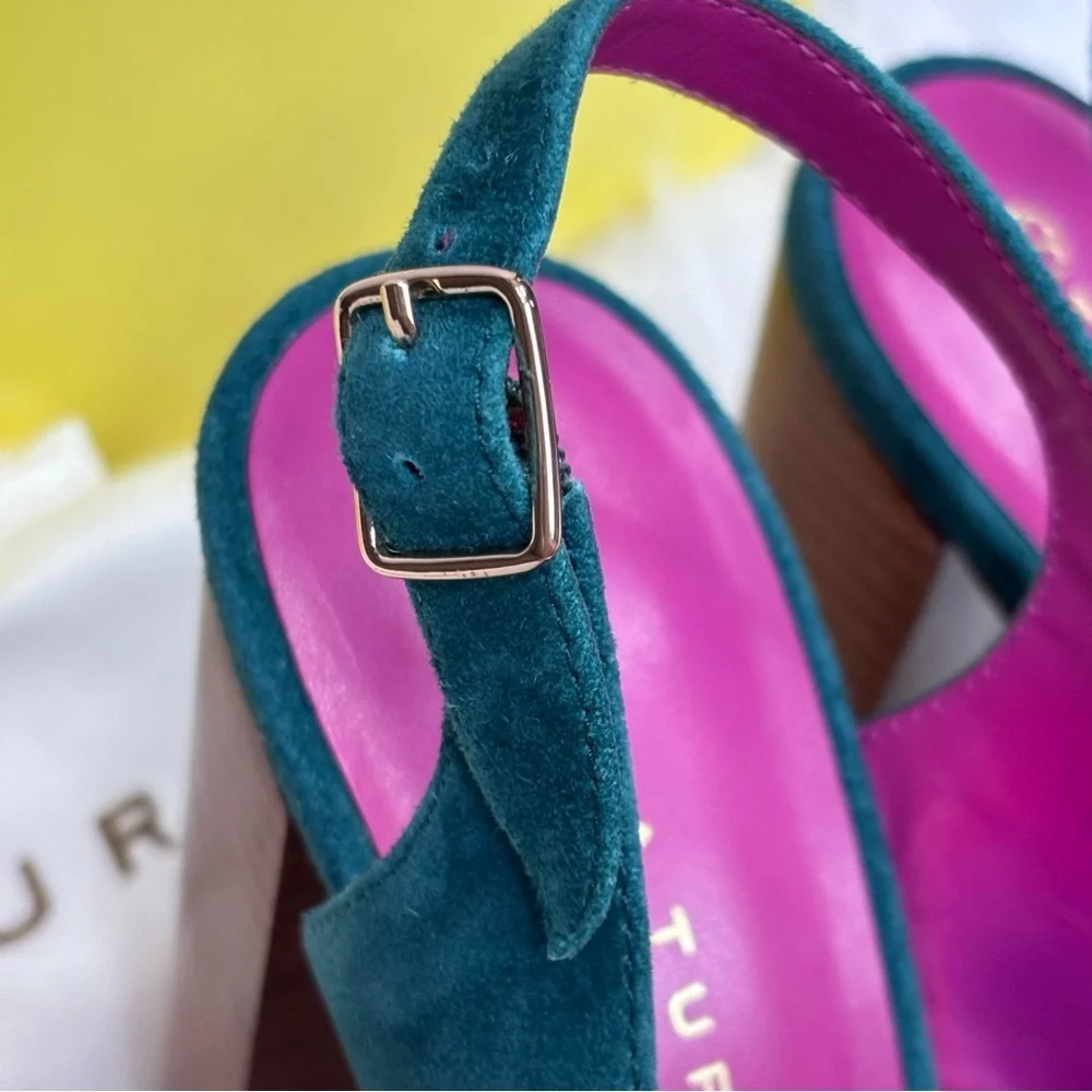 NIB New with‎ Box Trina Turk Joni Platform Suede Heels in Aqua Bloom Size 7.5